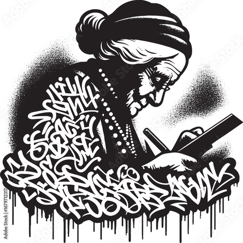 Illustration of a woman with a bun and glasses, writing in a journal, surrounded by graffiti