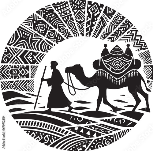 Silhouette of a Bedouin with a Camel and Decorative Circular Pattern Design Element