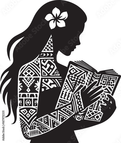 Silhouette of a woman with long hair, a flower and reading a book with ethnic patterns