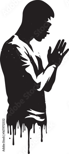 Monochrome silhouette of a man in contemplation with dripping te