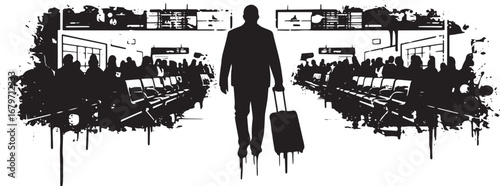 Stylized monochrome illustration of a traveler in an airport wai