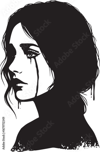 Monochromatic illustration of a sorrowful woman shedding tears i