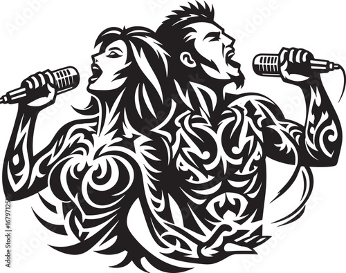 Illustration of a male and female singers with microphones, in black and white art
