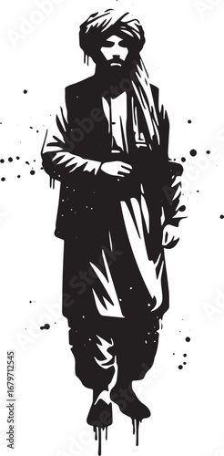Artistic monochrome representation of a man in traditional afgha