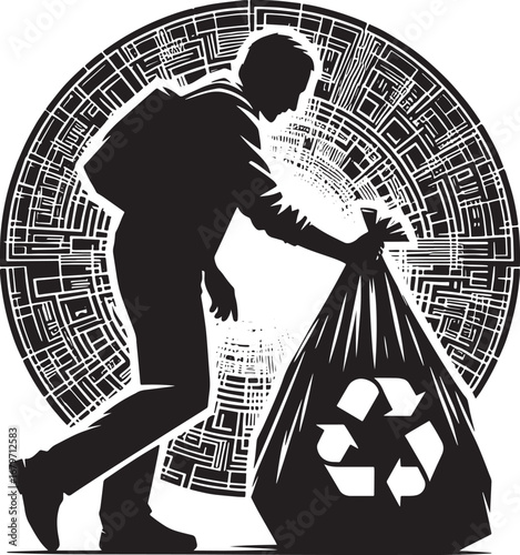 Vector illustration of a person collecting trash bag for recycling with intricate background