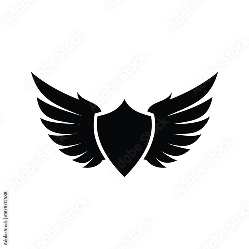 Stylized winged shield design conveying concepts of security, freedom, and protection, double wings emblem silhouette vector illustration