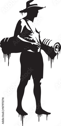 Monochrome silhouette of a traveler with a hat and rolled sleepi