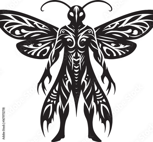 Intricate Black and White Illustration of a Humanoid Insect with Detailed Wing Patterns