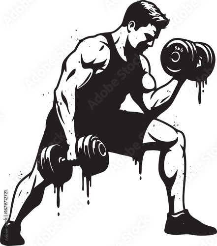 Dynamic monochrome illustration of a determined man lifting heav