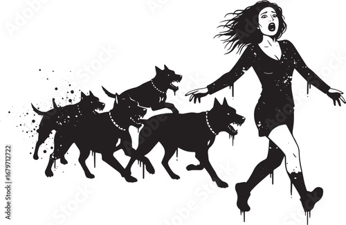 Distressed woman pursued by menacing dogs in monochromatic, dyna