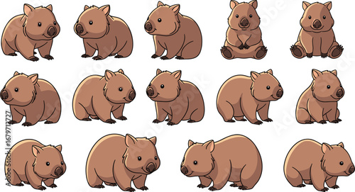 Cartoon wombats gather, showcasing cute Australian wildlife. Australian animals, marsupial wildlife, cartoon illustration, animal collection, comical nature, adorable creatures.