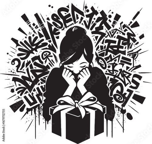 Illustration of a woman overwhelmed with graffiti and a gift box, in black and white style