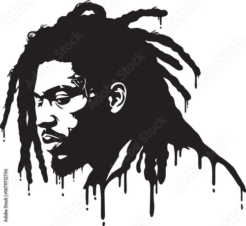 Stylized monochrome portrait of a man with dreadlocks, artistic