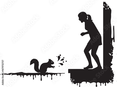 Humorous silhouette illustration of surprise encounter: woman an