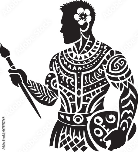 Vector illustration of a Polynesian artist with tribal tattoos holding a paintbrush and palette