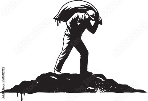 Monochrome illustration of a person burdened by a weighty bag on