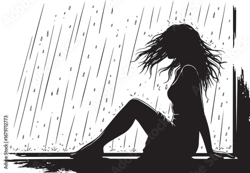 Silhouette of a melancholic woman sitting in the rain with flowi