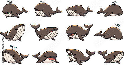 Collection of cute cartoon whale illustrations. Playful aquatic creatures, sea life, ocean mammal, marine biology, kid's art, digital drawing, friendly, happy, wildlife.