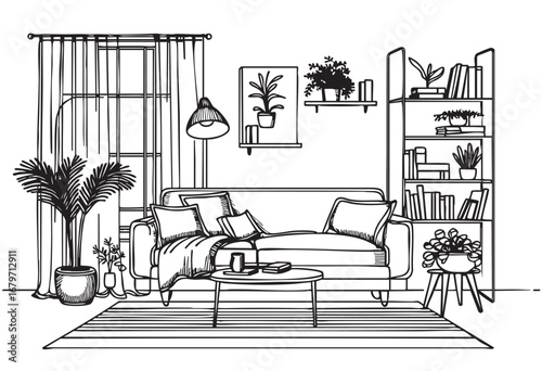 Living room graphic black white home interior sketch illustration vector. Sofa and bookshelves furniture
