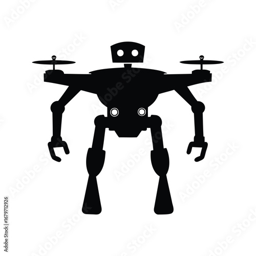 Silhouette of a robot drone with arms and rotating propellers isolated, drone robot silhouette vector illustration