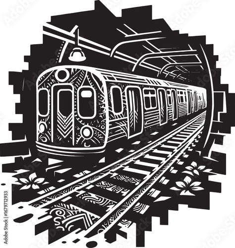 Monochrome Illustration of a Subway Train in a Tunnel with Detailed Artwork Design