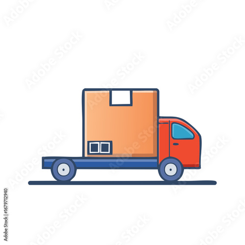 Delivery truck transports a brown box cartoon illustration with simple line style
