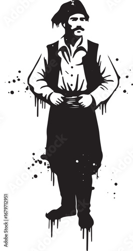 Monochrome depiction of a man in traditional attire with artisti