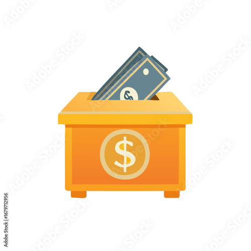 Donation box filled with paper currency, fundraising and charity concept, contributions and generosity, vector graphic