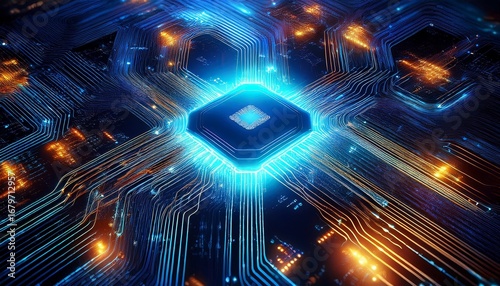 ai chip glows with blue energy and power futuristic processor of artificial intelligence radiates light and lightning concept of computer technology circuit board cpu data