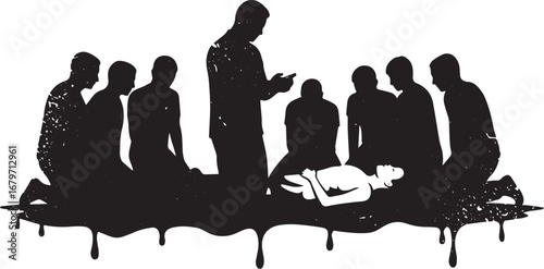 Silhouette scene conveying loss, mourning, and communal support