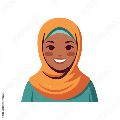 Portrait of a smiling woman wearing a traditional orange hijab and teal garment
