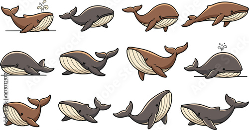 Cartoon whales swim in the ocean, various poses. Marine life, sea creature, aquatic, mammal, wildlife, illustration, graphic, cartoon, cute, ocean, sea.