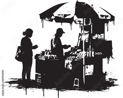 Monochromatic street vendor scene featuring a shopper and mercha