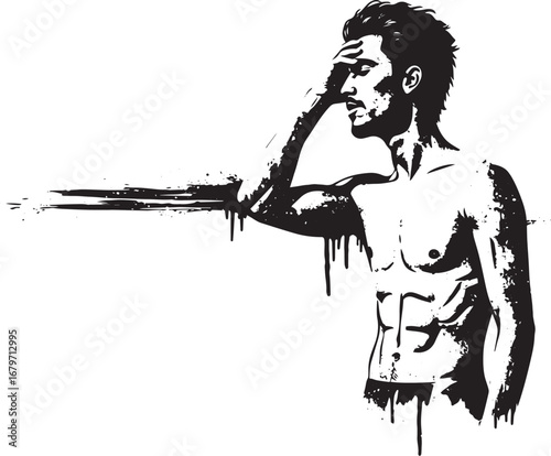 Distressed athletic man in monochrome, artistic representation o