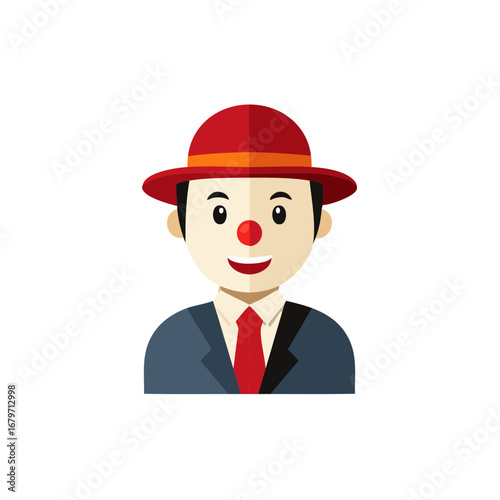 Cartoon clown character icon, portrait of person with red nose wearing hat, red tie and navy suit, cheerful party entertainer