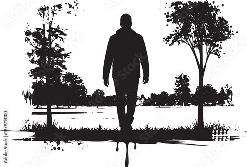 Monochrome silhouette: A lone figure wanders through a surreal l