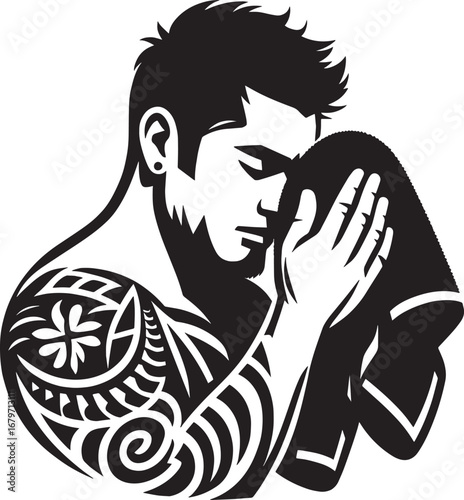 Monochrome illustration of a man with a tattoo embracing or comforting someone, vector design