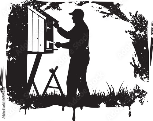 Silhouette craftsman constructing birdhouse within graphic natur