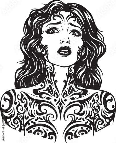 Monochrome illustration of a tattooed woman with emotive express