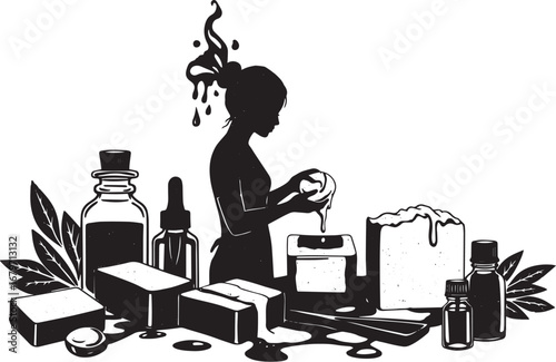 Artisanal soap making: A woman's silhouette crafting natural ski
