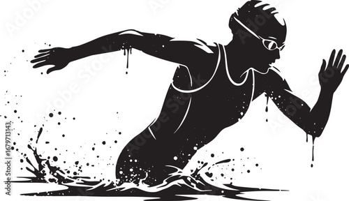 Dynamic monochrome silhouette of a swimmer in motion, creating s
