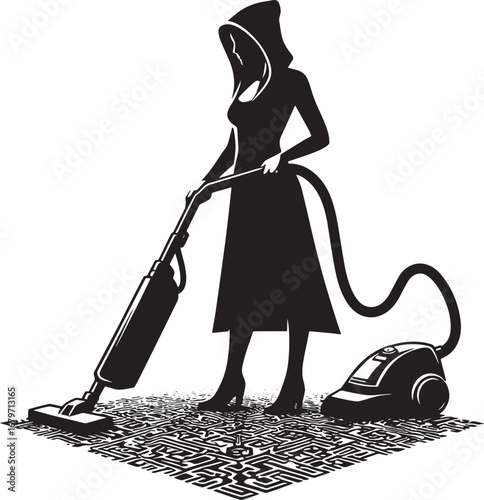 Silhouette of a Woman Vacuuming a Rug with a Pattern, Cleaning and Home Tasks
