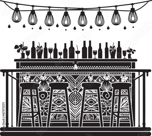Illustration of a Bar Scene with Bottles, Glasses, Stools, and String Lights Silhouette Design