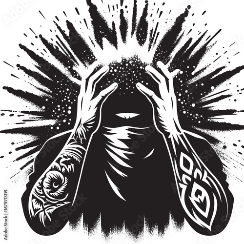An artistic depiction of mental health struggles, illustrated in black and white with tattoos