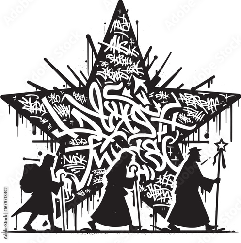 Creative depiction of three wise men following a graffiti-styled star during a religious event