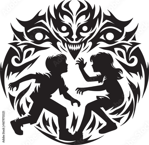 Intriguing Silhouette of Two Children Confronting a Symbolic Monster with Detailed Design