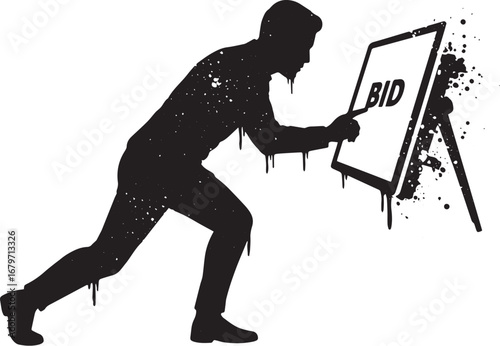 Silhouette of a person pushing the word BID on a sign with textu