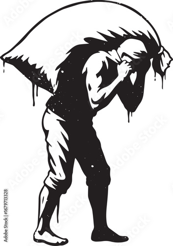 Distressed illustration of a man carrying a heavy sack with drip