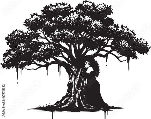 Monochrome depiction featuring a woman resting beside a stylized