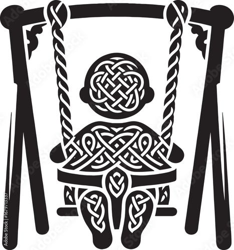 Celtic Knotwork Design: A Baby in a Swing, Artistic Black and White Illustration
